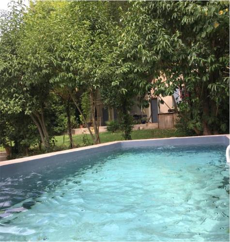 un bassin d'eau bleue avec des arbres dans une cour dans l'établissement Maison Aix-en-Provence centre, à Aix-en-Provence