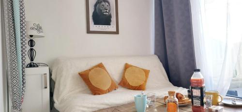 ein Wohnzimmer mit einer Couch und zwei Kissen darauf in der Unterkunft Terrasses 2 - Plage et commerces à 400 m in Le Grau-du-Roi