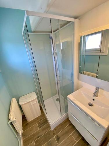 une salle de bain avec douche et lavabo dans l'établissement L'horizon, à 100 mètres de la mer, à Le Portel