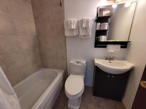 uma casa de banho com um WC, um lavatório e uma banheira em GRIZZLY MOTEL em Swan Hills