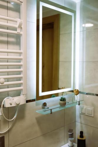 a bathroom with a sink and a mirror at Sovanova Domki w Górach Sowich z Tarasem i Widokiem in Kolce