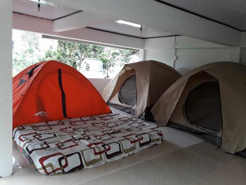 twee tenten in een kamer met een raam bij DALAT INN PEACEFUL in Da Lat