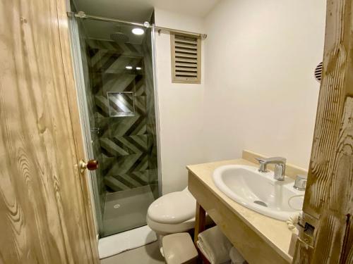 uma casa de banho com um chuveiro, um WC e um lavatório. em Hotel Dorado Plaza Bocagrande em Cartagena de Indias