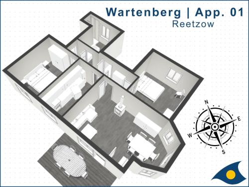 a floor plan of a house with a map at Haus Wartenberg Whg 01 in Reetzow