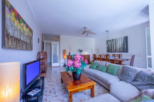 ein Wohnzimmer mit einem Sofa und einem TV in der Unterkunft Riva Dante Apartment in Riva del Garda