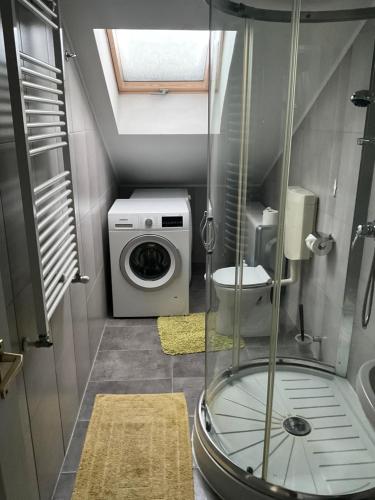 a bathroom with a shower and a washing machine at Silver Bike Motel in Velden am Wörthersee