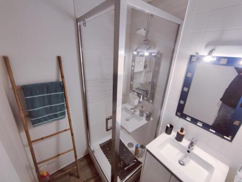 une salle de bain avec une douche, un lavabo et un miroir dans l'établissement Charmant Duplex tout confort, à La Rochelle