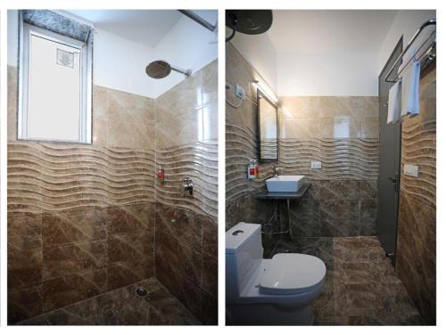 twee foto's van een badkamer met toilet en wastafel bij Hotel Wedlock Medanta in Gurgaon