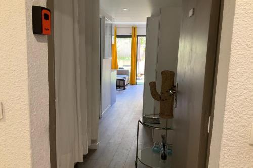 un couloir avec une table en verre à côté d'une porte dans l'établissement Charming refurbished cocoon with swimming pool, à Cannes