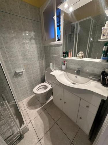 une salle de bain avec toilettes, lavabo et douche dans l'établissement Un séjour idéal au Lavandou !, au Lavandou