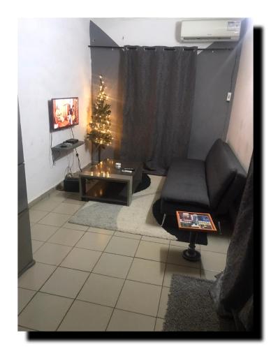 ein Wohnzimmer mit einem Weihnachtsbaum und einem Stuhl in der Unterkunft Studio - Yaoundé -Bastos-Nlongkak in Jaunde