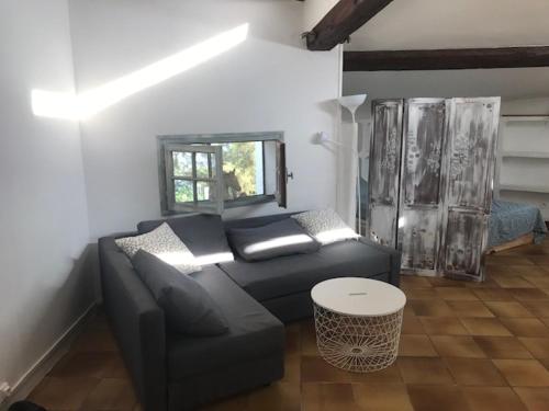 un salon avec un canapé et une table dans l'établissement L'Etrier Camarguais superbe appartement 2 chambres piscine, à Saintes-Maries-de-la-Mer