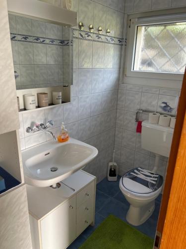 a bathroom with a sink and a toilet at Ferienwohnung Sonnenseite Brienz in Brienz