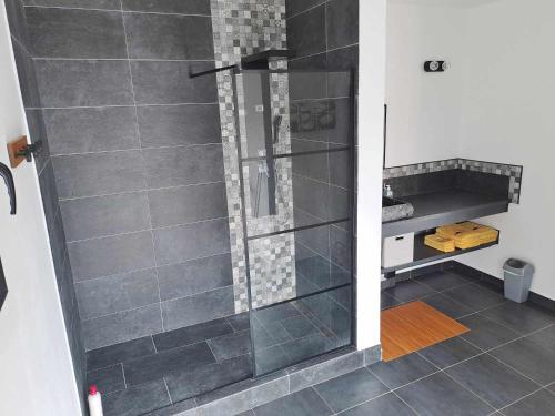 a bathroom with a shower with gray tiles at La Villa Manaïck in Saint-André