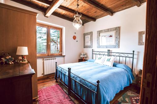 a bedroom with a blue bed and a window at Selvicolle Country House in Crispiero