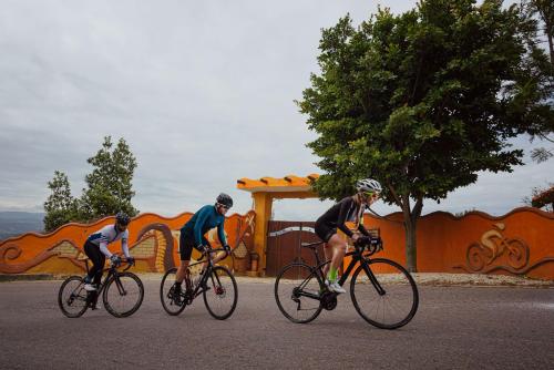 パイパにあるCabaña Aguamarina - Seilan Alojamiento Ruralの遊び場の前で自転車に乗っている3人
