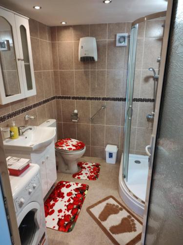 een badkamer met een toilet, een wastafel en een douche bij Newly renovated 2 Bed ground floor flat in Haskovo in Tŭnkovo