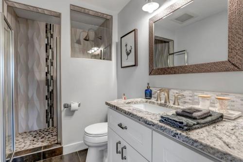 La salle de bains est pourvue d'un lavabo, de toilettes et d'un miroir. dans l'établissement Stylish Ranch Retreat Comfort & Convenience, à Wheat Ridge