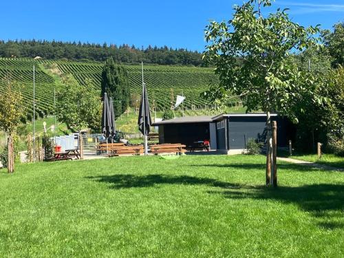 a park with benches and umbrellas in the grass at Romantikurlaub im Weindorf Kiedrich in Kiedrich
