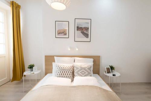 1 dormitorio con 1 cama grande y 2 mesitas de noche en Trendy central apartment at Castle, en Budapest