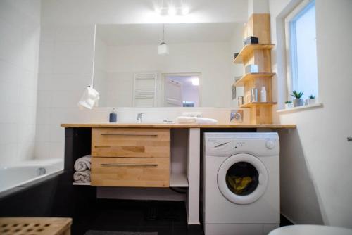 a bathroom with a washing machine under a sink at Stylish and comfy apartment for 6 guests in Budapest