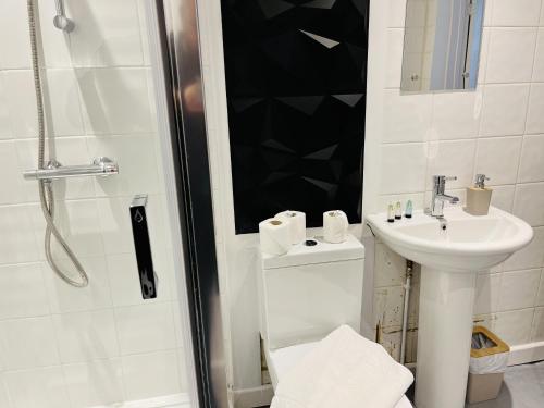 a bathroom with a shower and a toilet and a sink at X Hotel Brunswick Square in Brighton & Hove