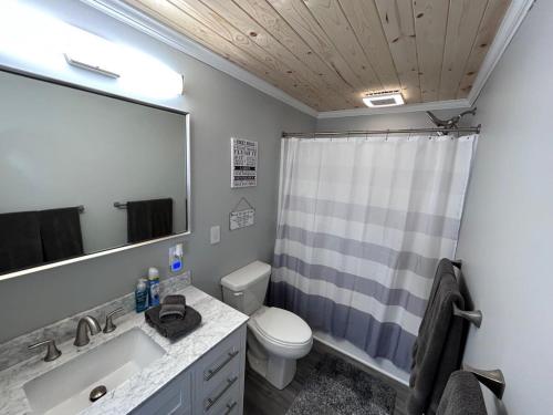 a bathroom with a sink and a toilet and a mirror at Railroad Street Retreat ~ Close to Trails 8 & 13 in Bergland