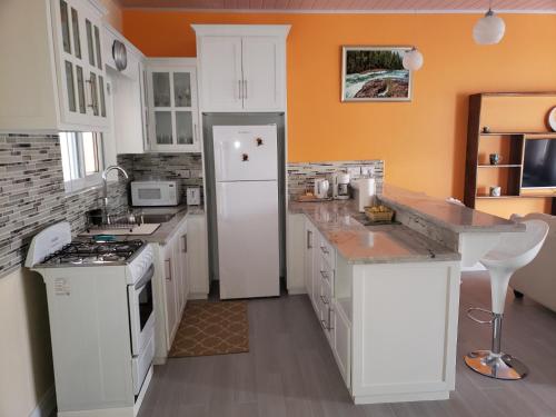 una cucina con armadietti bianchi e frigorifero bianco di JEMMROSE SUITES a Choc