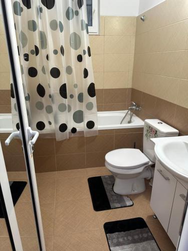 łazienka z toaletą i zasłoną prysznicową w obiekcie Apartament Amalia w mieście Roman