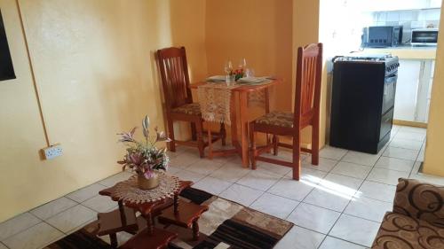 a living room with a table and chairs and a kitchen at Faith & Peace Guest House in Fontenoy