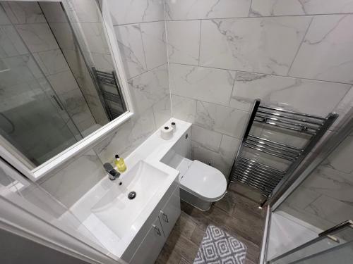 uma casa de banho com um lavatório, um WC e um espelho. em Elegant Central Luton Studio - Contractors/Airport Travellers! em Luton