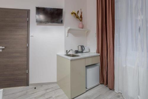 uma pequena cozinha com um lavatório e um chuveiro em Gorgeous & Super Central Studio em Budapeste