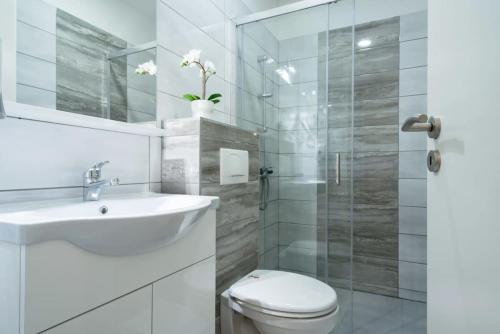 een badkamer met een toilet, een wastafel en een douche bij New comfy studio at convenient location in Boedapest