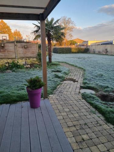 uma planta em vasos sentada num deque de madeira em Au calme et détente em Belleville-sur-Vie