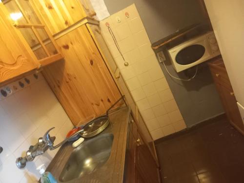 uma pequena cozinha com um lavatório e um micro-ondas em Люлин хаус em Sófia