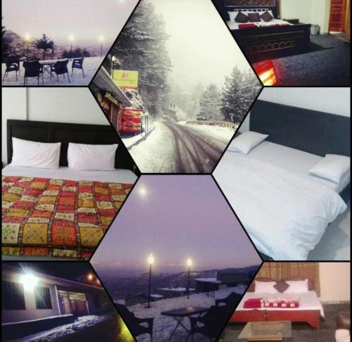a collage of four pictures of a hotel room at Al Sadiq Guest House in Murree