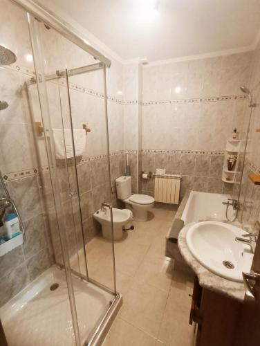 a bathroom with a shower and a toilet and a sink at Casa Jesús in Muxia