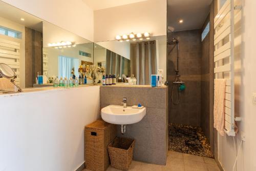 ein Bad mit einem Waschbecken, einer Dusche und einem Spiegel in der Unterkunft VILLA MARGUERITE VI4406 By Riviera Holiday Homes in Villefranche-sur-Mer