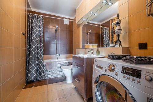 a bathroom with a washer and a toilet and a shower at Apartament Kaskada Parking & Balcony by Axel in Gdynia