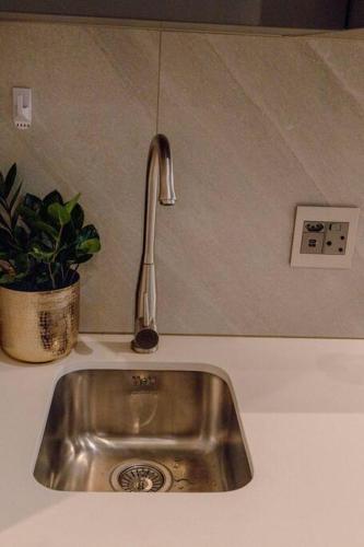 a kitchen sink with a spoon next to a potted plant at Luxury Menlyn Maine Apartment in Pretoria
