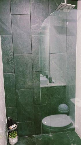 a green shower with a glass door in a bathroom at Luxury Penthouse EON Ciudad Guatemala zona 10 in Guatemala