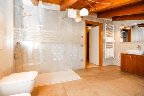 un bagno con doccia, WC e lavandino di Agriturismo dei Grippi a Sona