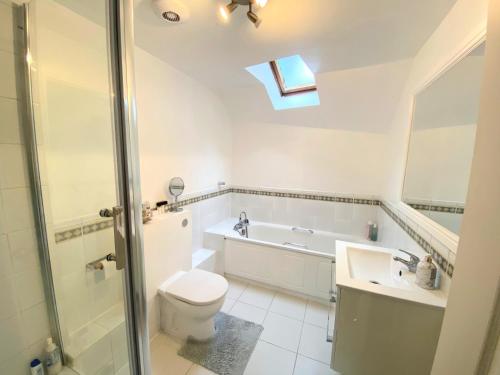 y baño con aseo, lavabo y ducha. en Cozy Double Room next to Putney Bridge and High Street en Londres