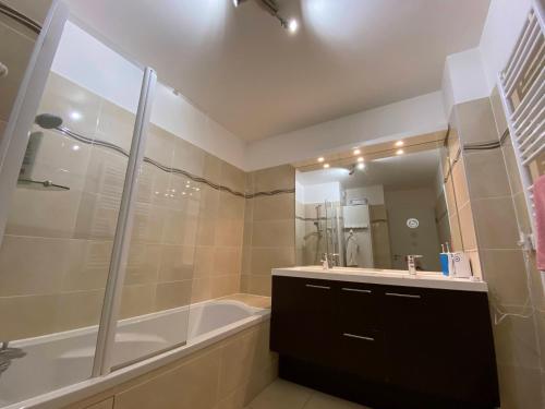 ein Bad mit einer Badewanne, einem Waschbecken und einer Dusche in der Unterkunft Chaleureux et lumineux appartement in Puteaux