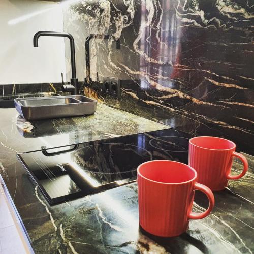 two red cups on a counter with a sink at El Rincón de Eva II in Salamanca