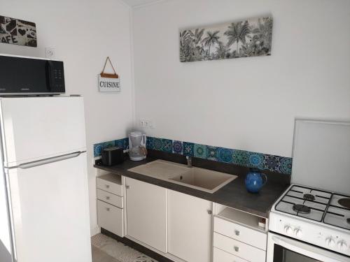 La cuisine blanche est équipée d'un évier et d'un réfrigérateur. dans l'établissement Grand studio centre ville Bretignolles, à Bretignolles-sur-Mer