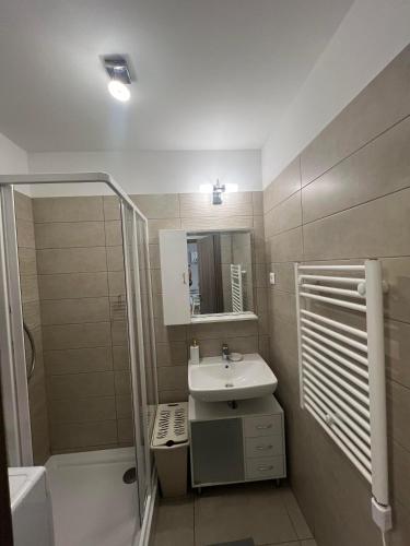 a small bathroom with a sink and a shower at Top Sunset Beach Apartman in Siófok