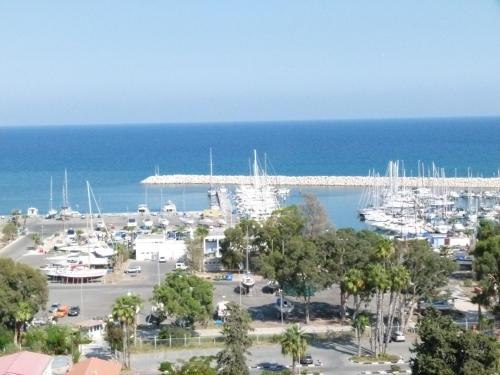 an aerial view of a marina with boats in the water at Aphrodite Heights in Larnaka