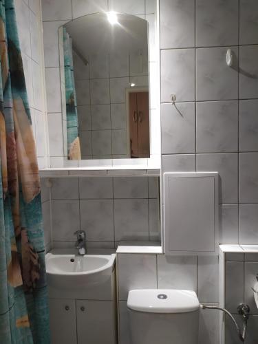 une salle de bains avec toilettes, lavabo et miroir dans l'établissement Studio Niebieskie, à Wałbrzych
