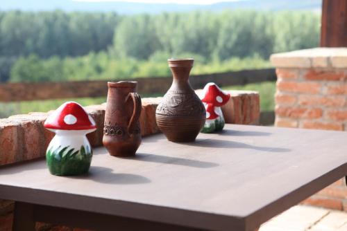 a group of vases sitting on a table at Bakonyszentkirályi Menedék in Bakonyszentkirály